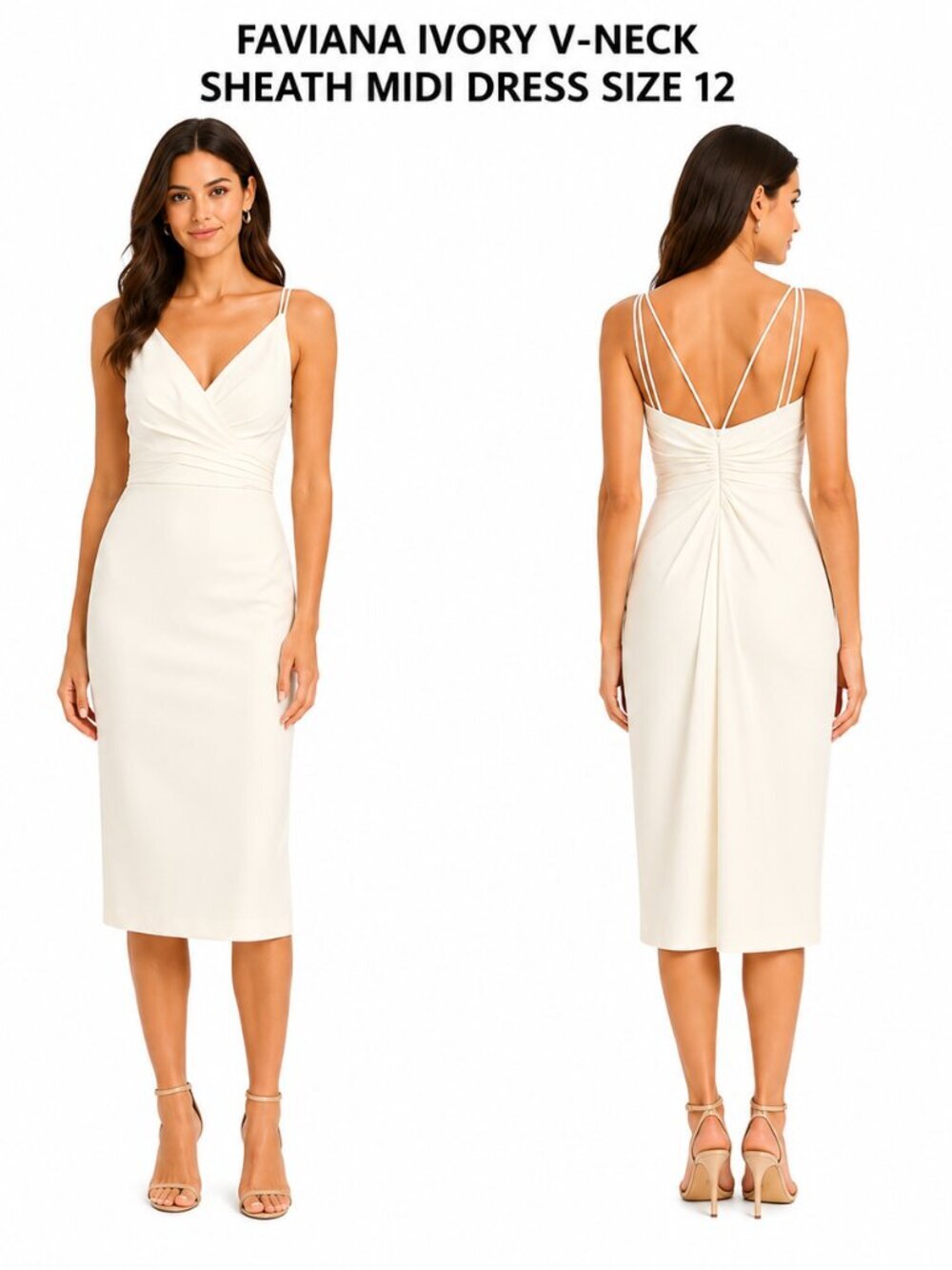 Faviana Ivory V-Neck Midi Sheath Dress Size 12